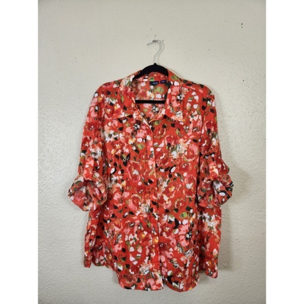 Basic Editions Multicolor Floral‎ Print Button Up Roll Tab Sleeve Blouse 2X